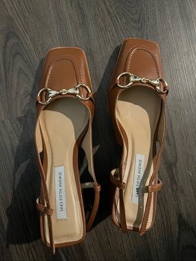 Saks Fifth Avenue Brown Leather Slingback Loafers with Gold Horsebit
